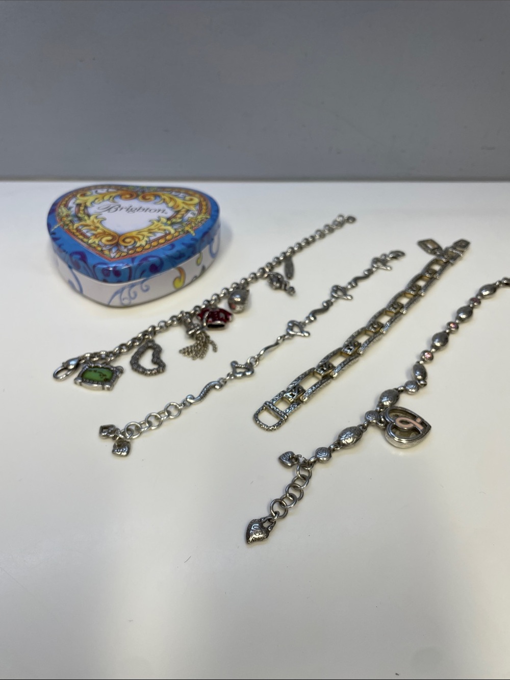 BRIGHTON Silver Charm Bracelet Lot of 4   With Heart case - Picture 1 of 7